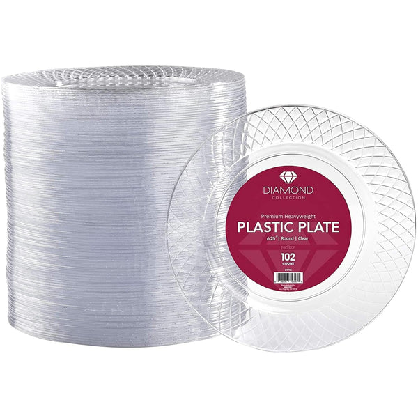 Prestee 102 Clear Plastic Plates Disposable - 6.25-inch Heavy Duty Hard Plastic Clear Plates for Party - Elegant Round Cake, Dessert, Salad, Appetizer, Dinner - Plate for Holiday Parties - image 1