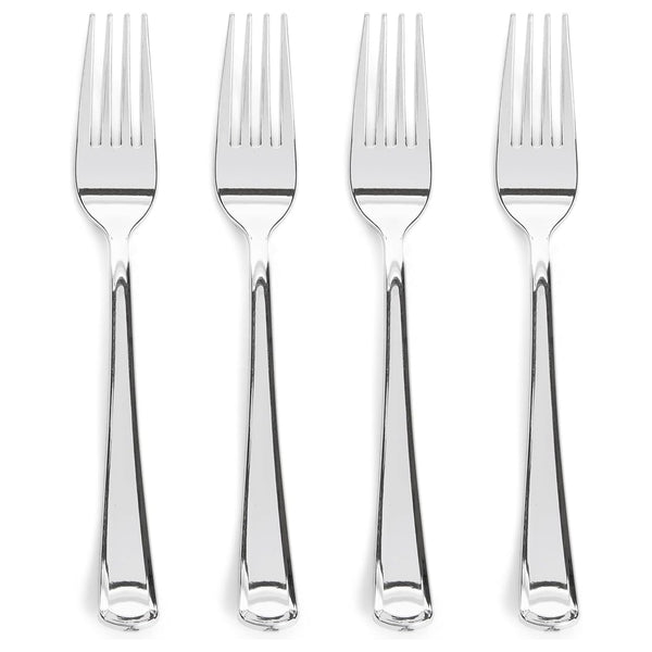 Prestee 300 Count Plastic Forks - 7 Inch Heavy Duty Disposable Silverware - Bulk Fancy Silver Fork Set for Table Decor - Durable Plastic Silverware for Parties, Events and Christmas Holidays - image 1