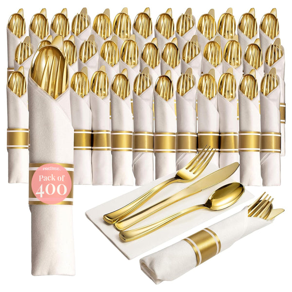 Prestee 400 Pieces Gold Silverware Set for 100 Guests - Premium Pre Rolled Disposable Plastic Silverware Set with Napkins - Wrapped Utensils with Forks, Knives, Spoons, Napkins for Weddings and Events - image 1