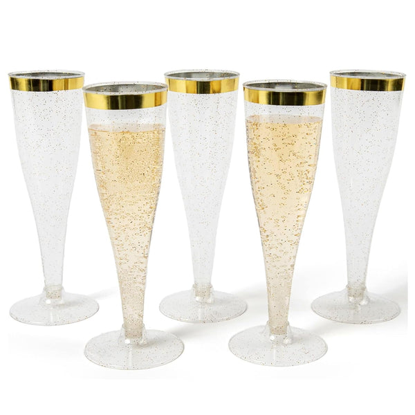 Prestee 48 Disposable Plastic Champagne Flutes With Gold Rim Glitter - Clear Toasting Glasses for Mimosa, New Year’s Eve Party, and Elegant Celebrations - Premium Quality Disposable Stemware - image 1