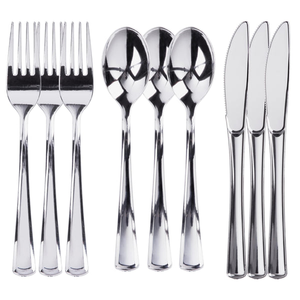 Prestee 600 Piece Plastic Silverware Set - 200 Silver Plastic Forks, Spoons and Knives - Heavy-Duty Utensils - Reusable and Disposable Cutlery Set for Weddings, Thanksgiving, and Christmas Parties - image 1