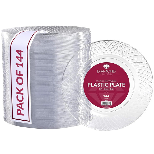 Prestee 7.5 Inch Clear Plastic Plates - 144 Ct Disposable Heavy Duty Appetizer Plates, Elegant Clear Plasticware for Weddings, Parties, Holiday Disposable Dessert Plates, Salad Plates for Events - image 1