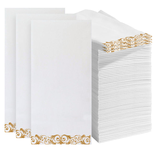 Prestee 50 Pack Disposable Hand Towels for Bathroom - Elegant Linen Feel Paper Napkins, 2-Ply - Absorbent Decorative Guest Towels for Bathroom, Wedding, and Party Use - (White and Gold) - image 1