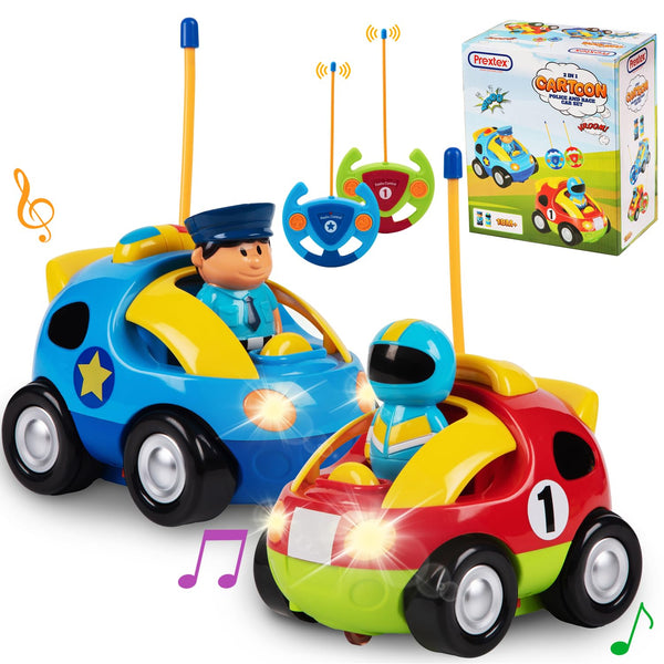 PREXTEX Cartoon Remote Control Car - 2 Pack Police and Racing Car Toys for Toddlers - RC Cars for Kids with Different Frequencies - Simple Remote Control Toy and Thoughtful - image 1
