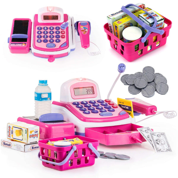 Prextex Grocery Store Pretend Play Electronic Toy Cash Register Set - STEM Cash Register for Kids with Microphone, Play Money, and Food Basket - Kids Checkout Toys with Scanner- Pink - image 1