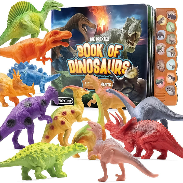 PREXTEX Dinosaur Toys for Kids 3-5 - 12 Dinosaur Figurines and Dino Book for Kids with Sound - Realistic Dinosaur Figures - Dino Toys with Sound for Learning and Fun Play - Birthday Gift for Children - image 1