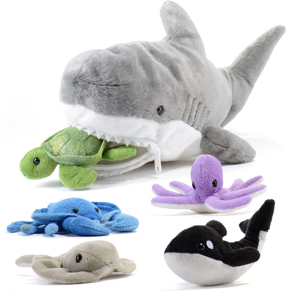 PREXTEX Plush Toy Shark Stuffed Animal with 5 Sea Animals - Shark Plush Toy with Turtle, Whale, Octopus, Stingray, Crab - Giant Stuffed Animals for Kids Aged 3 and Up - Fun Gift for Sea Animal Lovers - image 1