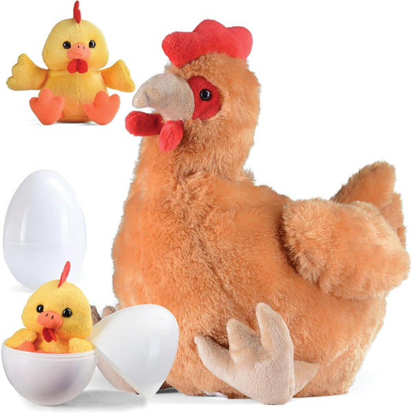 PREXTEX Hen Toy with Two Plastic Easter Eggs and Cute Baby Chicks Inside - Big Mommy Hen Plush with Chicks Zippered in Eggs - Adorable Chicken Plushies for Kids 3-5 Years Old - image 1