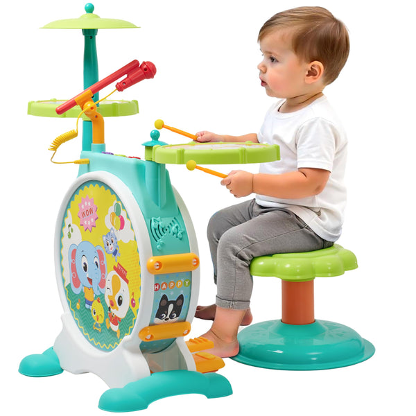 Prextex Electric Toy Drum Set with Realistic Sound - Plastic Musical Instrument for Kids - Baby Drum Toy with Cymbal - Stimulates Creativity and Motor Skills - Multicolor - Set of 9 - image 1