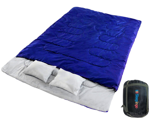 Double Sleeping Bags for Adults – Waterproof Queen-Size 2 Person Sleeping Bag with Pillows for Camping, Backpacking, Hiking, or Truck Use – Warm, Lightweight, and Convertible into Two Singles – Blue - image 1