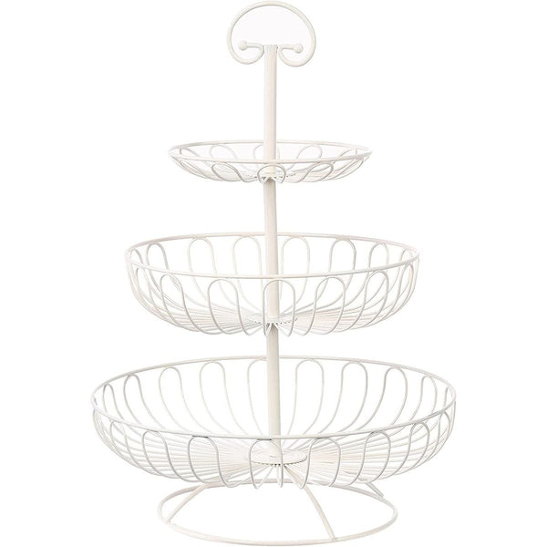 Fruit Basket Bowl - 3 Tier Metal Serving Basket Display Storage Stand Holder for Vegetable Produce Snack Bread – Cream White, 18.25 Inches Tall