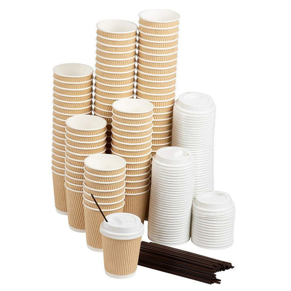 Disposable Kraft Paper Insulated Coffee Cups with Lids and Stirring Straws (8 oz, 50 Pack)
