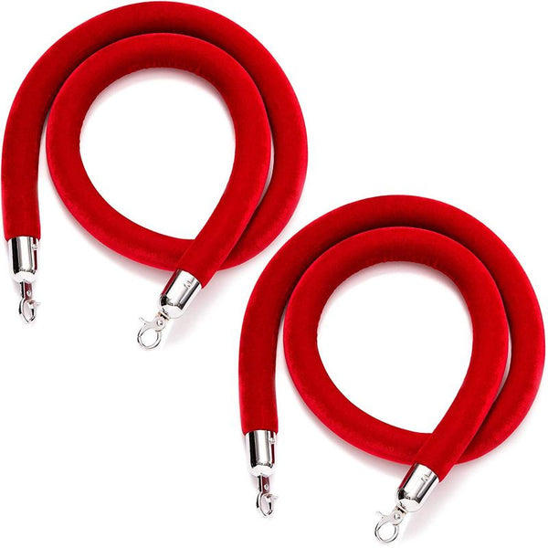 Juvale 2-Pack Red Velvet Stanchion Rope with Silver Chrome Plated Hooks, 5 Feet
