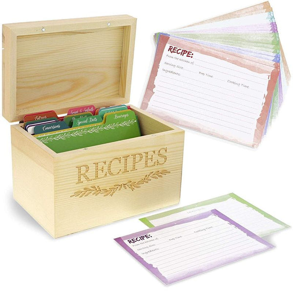 Juvale Wood Recipe Organization Box with Cards and Dividers