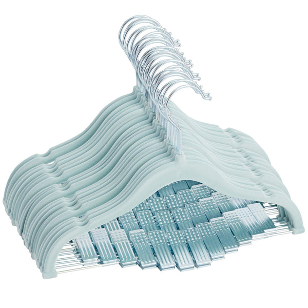 24-Pack Light Blue Velvet Hangers with Movable Clips for Baby and Kids Clothes, Slip-Resistant, Space-Saving for Pants, Leggings, Skirts, Shorts, Jackets, 360 Degree Swivel Hook (12x8 in)