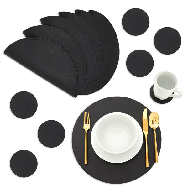 Set of 6 Black Faux Leather Round Placemats with Matching Coasters - Circle Table Mats for Dining, Kitchen (12 pieces, 13.4 Inch)